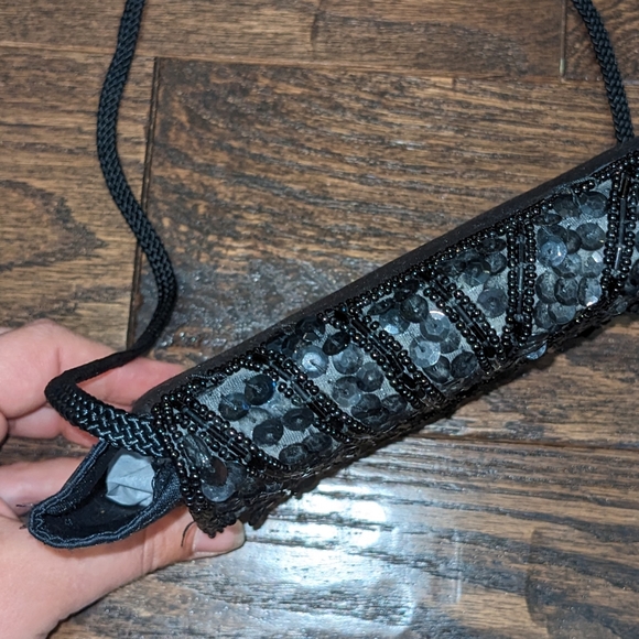 Vintage Evening Bag Mini Crossbody Sequin Black Satin - Picture 4 of 10